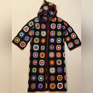 Handmade Granny Crochet Square Hooded Cardigan Sweater One Size Long